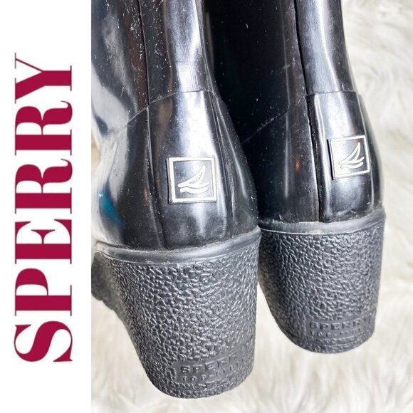 SPERRY Tall Black Wedge Fold Over Rubber Duck Boot Flannel Lining, Size 8 - Picture 6 of 11